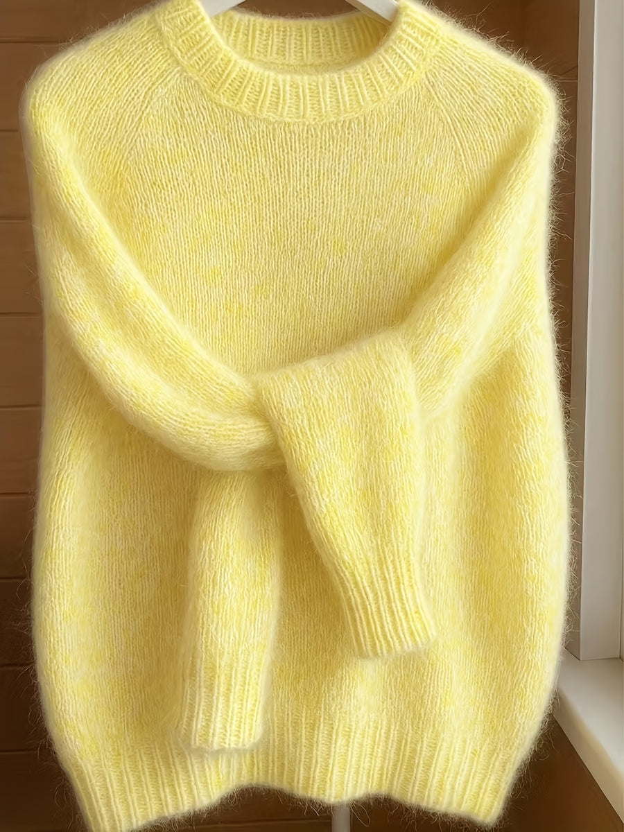 French-style Round-neck Sweater, Soft and Cozy, Elegant Design, Perfect for Spring and Autumn Commuting and Outings - Lemon Yellow