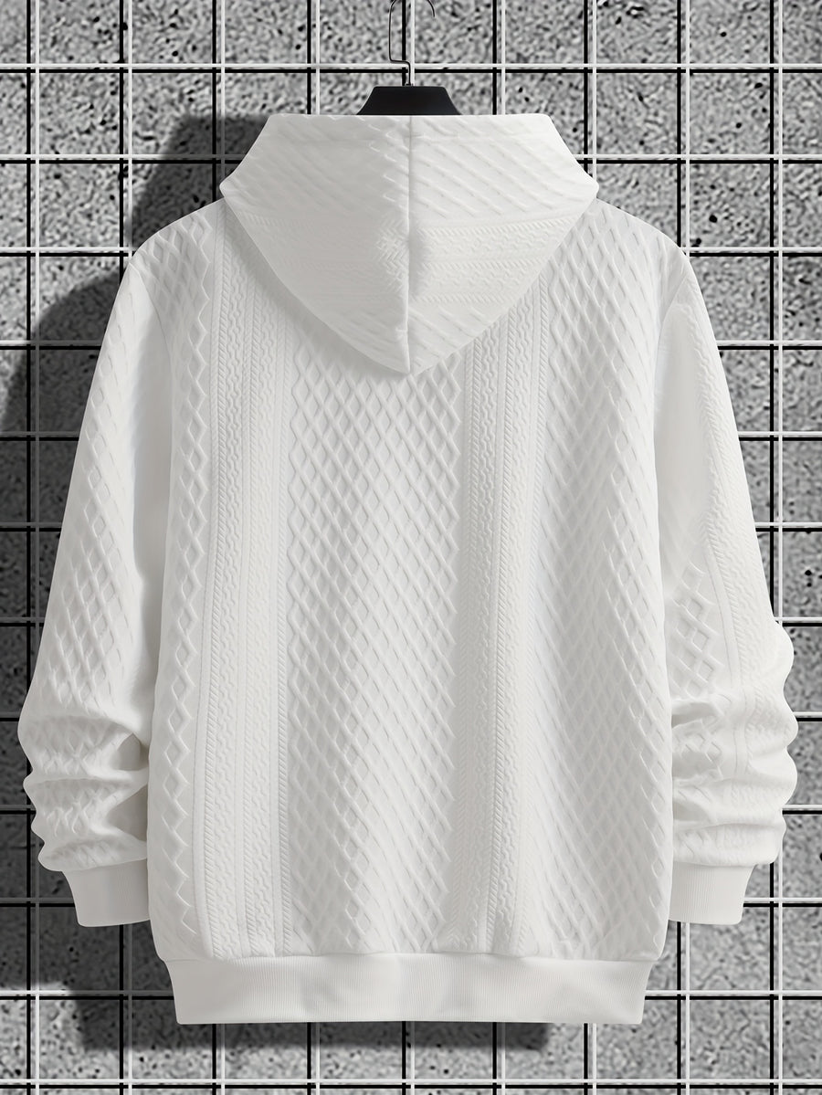 Men's Fashion Hoodie, Men's Hooded Sweatshirt, Jacquard Design Casual Streetwear Sweatshirt, Simple Basic Style, Long-Sleeve T-Shirt, Athletic Sweatshirt, Men's Casual Apparel, Drawstring Hem - White
