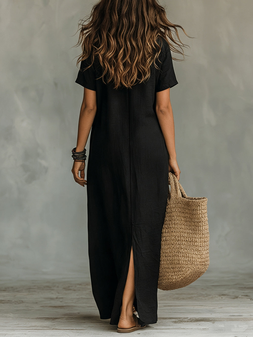 Women'S Casual Solid Color V-Neck Slit Lazy Style Shirt Dress Button Front Opening Bohemian Shirt Style Loose Long Dress - Black