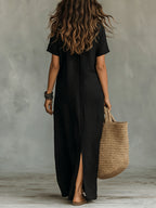 Women'S Casual Solid Color V-Neck Slit Lazy Style Shirt Dress Button Front Opening Bohemian Shirt Style Loose Long Dress - Black