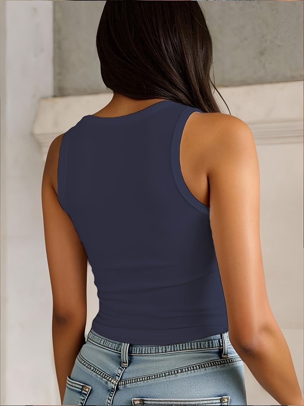 Women's Elegant Sleeveless Tank Top - Semi-Sheer Solid Color Layering Essential, Breathable & Machine Washable, Versatile Casual to Dressy All-Season Wear, Ladies Tank Tops, Everyday Outfit, Simple Design, Easy Care, Fashion Lovers - Navy Color