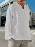 long-sleeved shirt Men's solid color V-neck casual shirt Men's gentle beach Hawaiian pullover breathable comfortable shirt - White