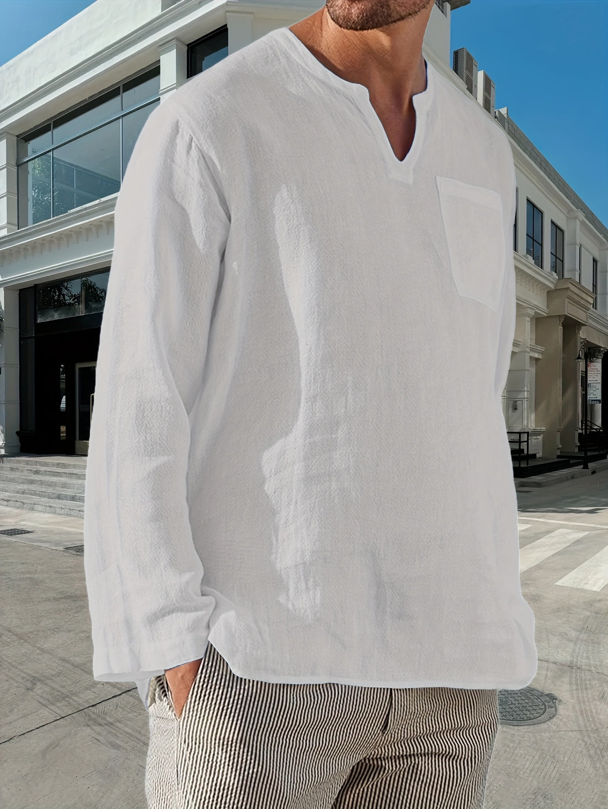 long-sleeved shirt Men's solid color V-neck casual shirt Men's gentle beach Hawaiian pullover breathable comfortable shirt - White