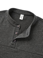 Men's Fashion Top, Spring/Summer Outdoor Casual Textured Ribbed Fabric, Solid Color Crew Neck Single-Breasted Short Sleeve Spliced Men's Henley Shirt - Dark Gray