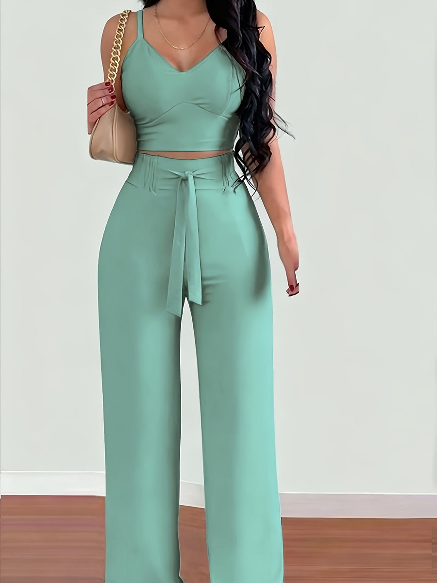 2-piece Women's Set with Thin Strap Stretch Camisole and Wide-leg Pants (front Tie) for Casual Vacation Wear - Light Green