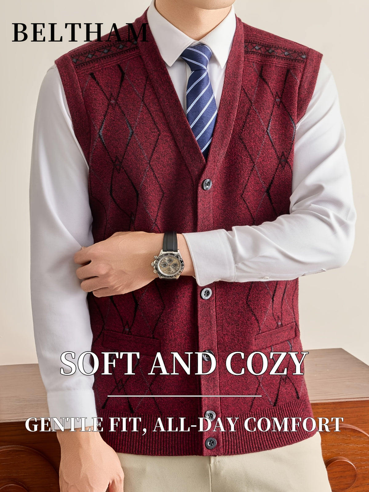 New Autumn Winter Men Thick Knit Vest, Ideal Gift for Dad And Husband, Knit Waistcoat with Pockets, Warm Cold Resistant Soft Comfortable Sweater Vest, Minimal Elegant Versatile Top for Daily Casual Business Sports Camping Wear - Red