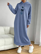 Women'S Heart Print Hooded Long Dress, Casual Loose Long Sweatshirt Dress - Peacock Blue
