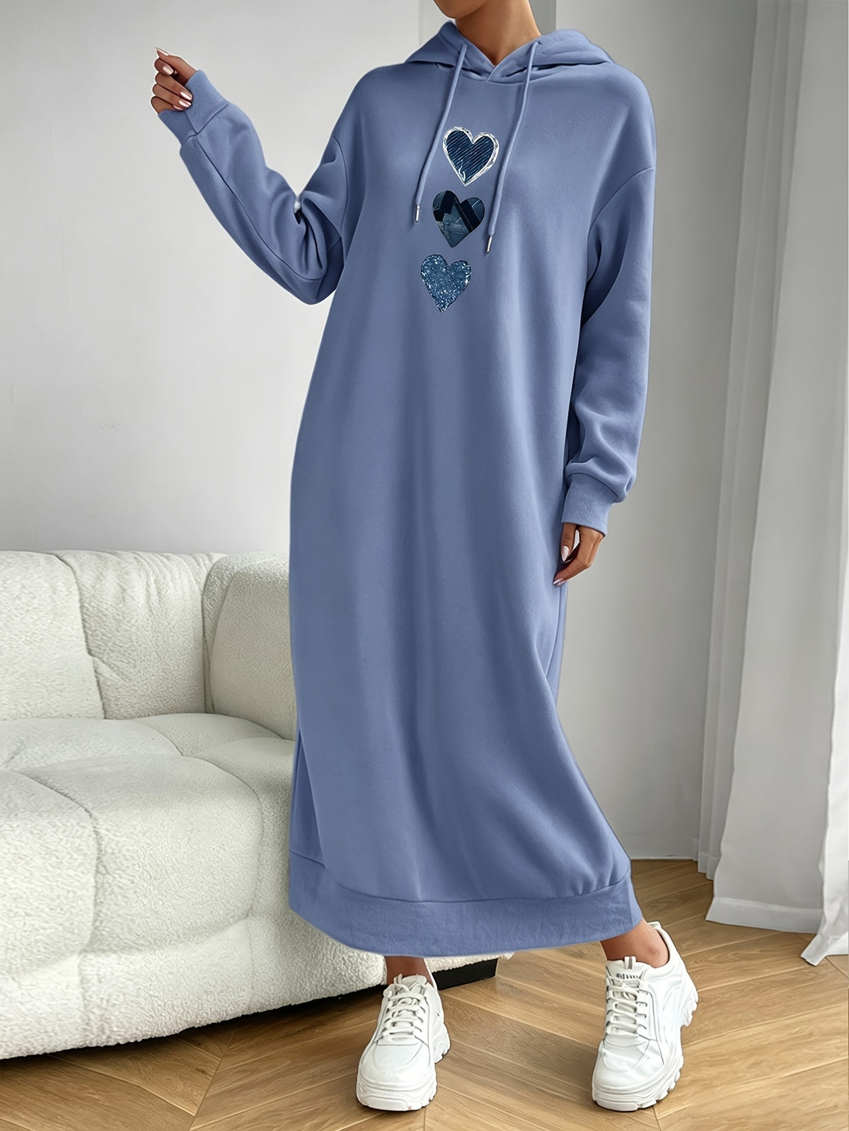 Women'S Heart Print Hooded Long Dress, Casual Loose Long Sweatshirt Dress - Peacock Blue