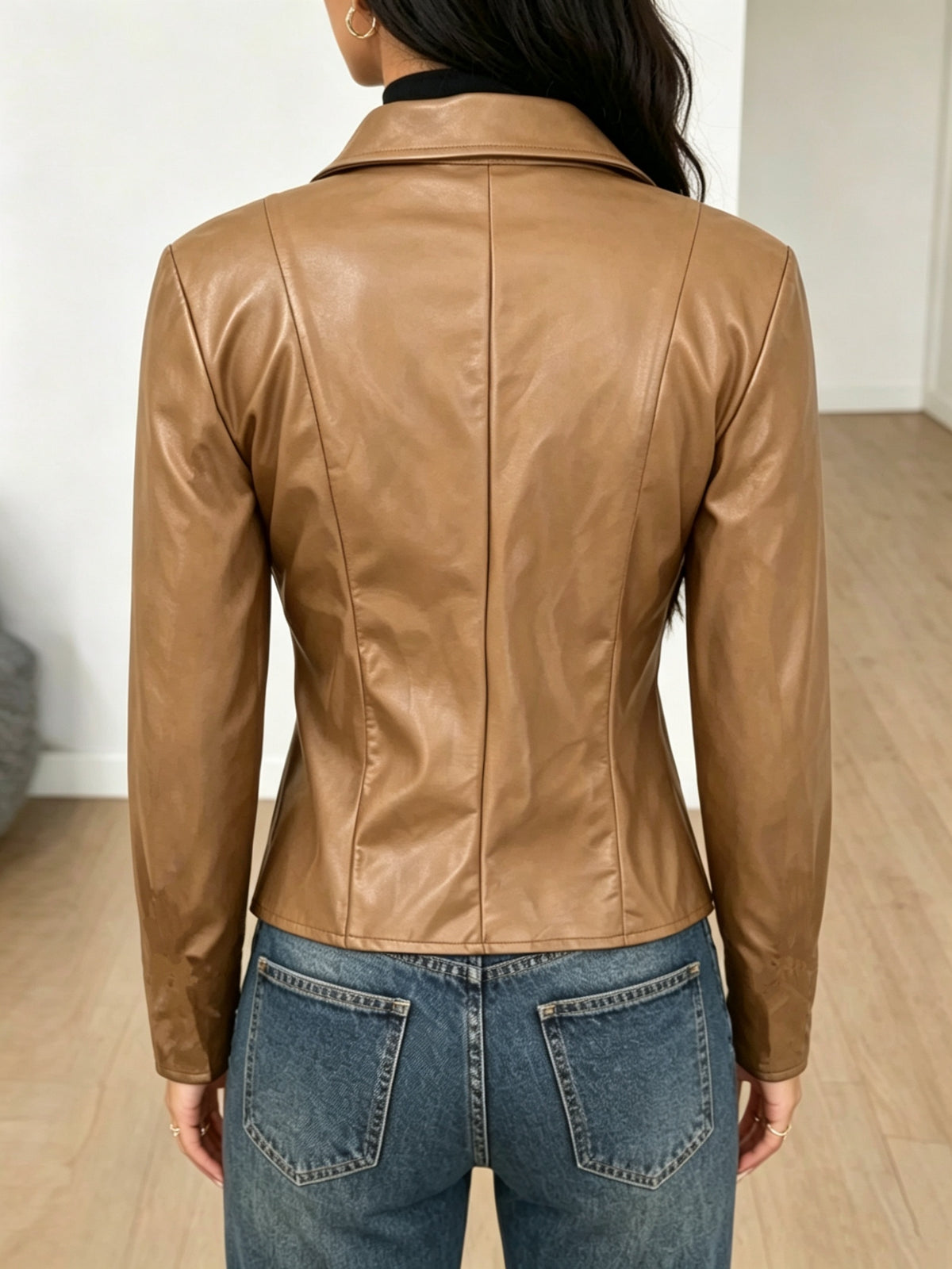 Elegant and Stylish PU Jacket for Women, Versatile for Fashionable Commuting and Suitable for All Occasions. Solid Color, Machine Washable. Women's Spring Jacket for Elegant Parties - Camel