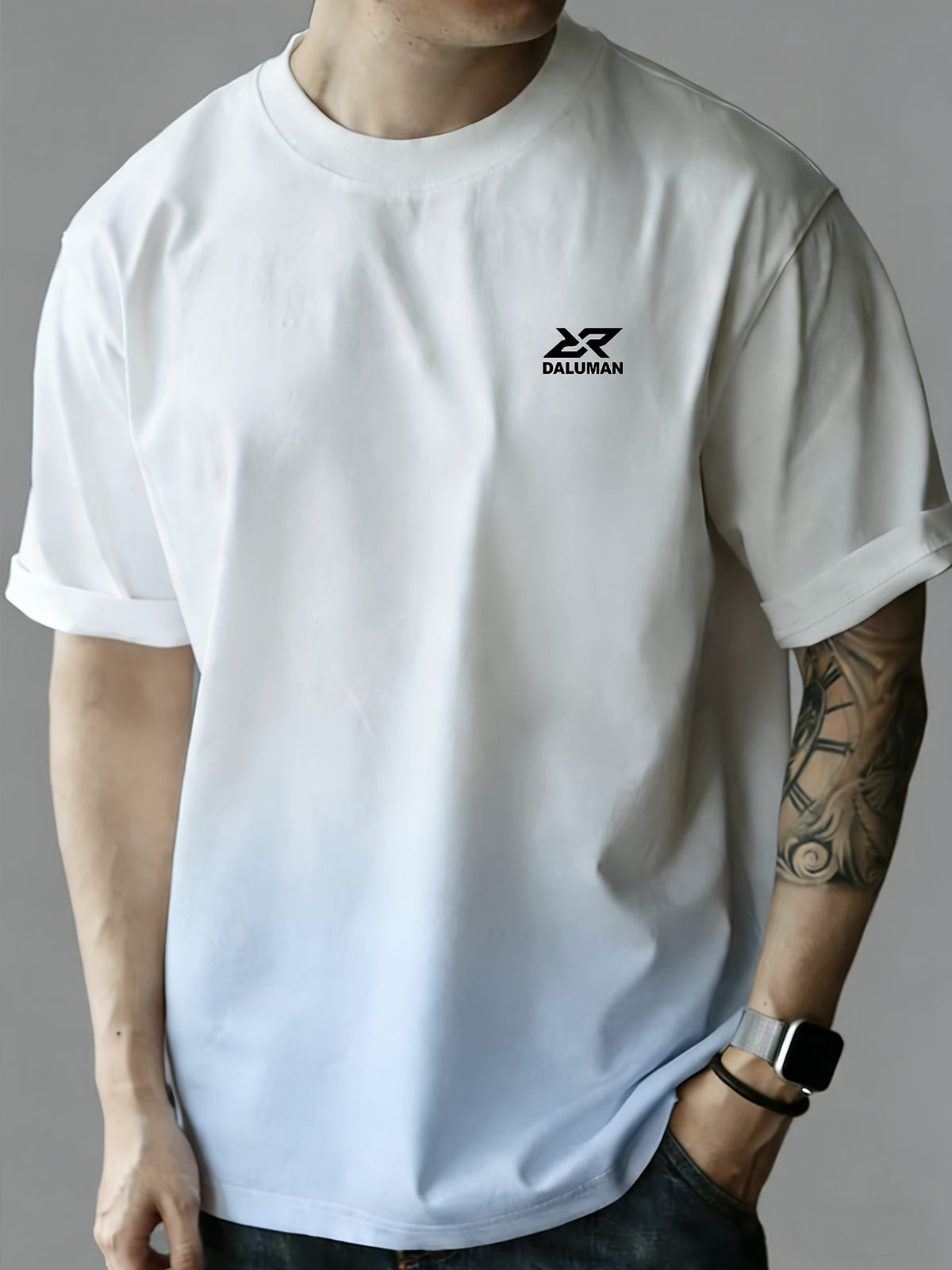 DALUMAN Outdoor Brand Summer Men'S Short Sleeve T-Shirt, Summer Men'S Half Sleeve, Loose Thick Gradient Color T-Shirt, Men'S Drop Shoulder Loose Top, Comfortable Casual Round Neck Short Sleeve Men - Light Blue