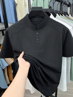Men's New Summer Casual Stand Collar T-Shirt, Simple and Stylish Thin Breathable Versatile Short Sleeve Tee - Black