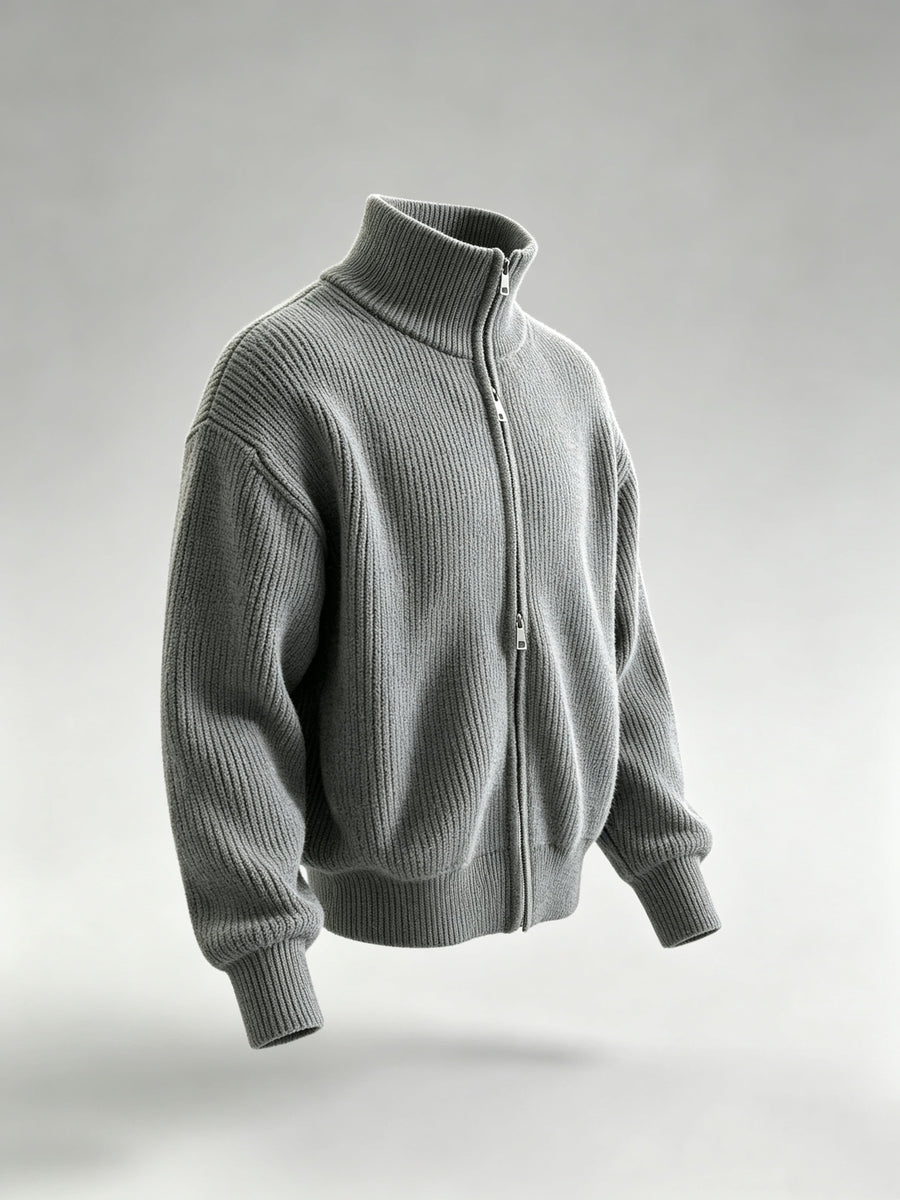 Zip-Up Stand Collar Knit Cardigan, Casual Thick Ribbed Knitwear Jacket, Men's Fashion Winter Clothes for Men - Grey