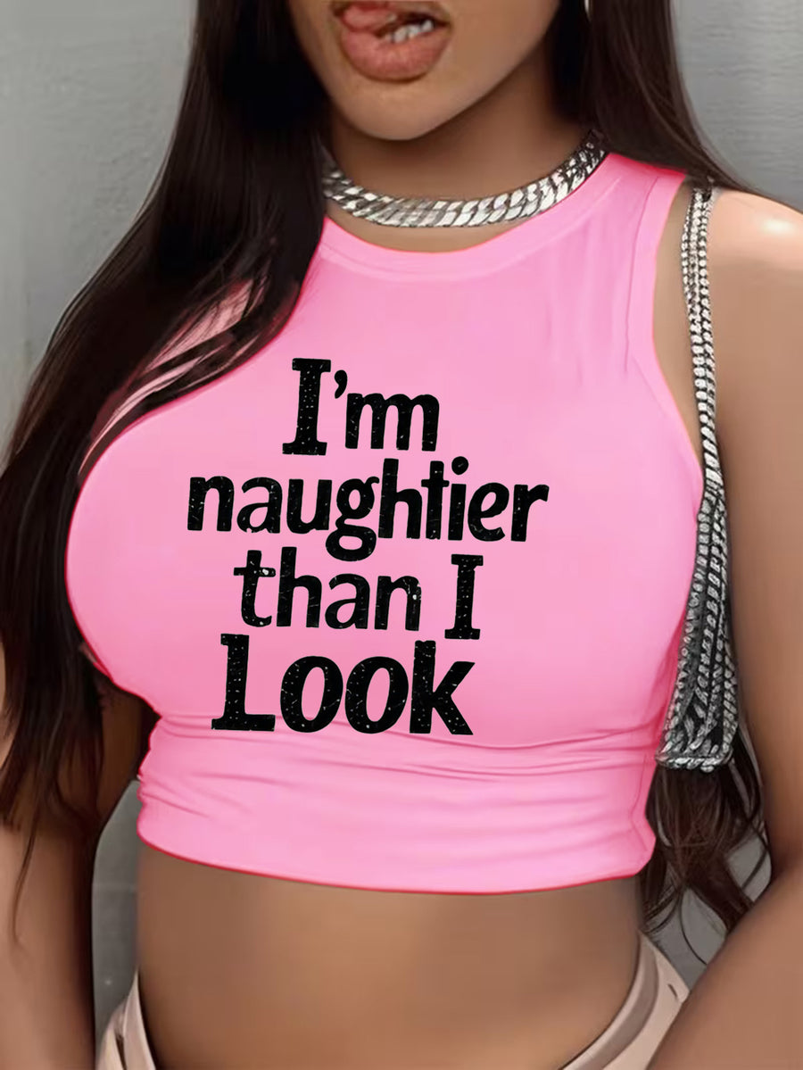 I Am More Naughty Than I Look" Letter Print Women's Beautiful and Sexy Round Neck Sleeveless Tank Top, Y2K Hot Style, Slightly Stretchy, Comfortable, Suitable for Spring and Summer, Pretty Top, Essential for Home, Outings, and Parties - Pink