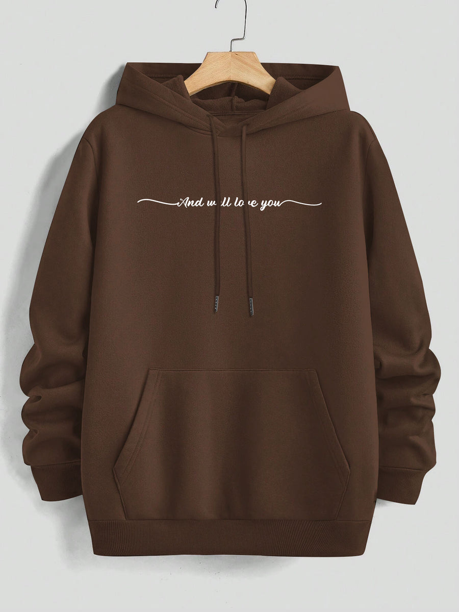 Men'S Yellow Hoodie with "And We'll Love You" Print - Cozy Fleece-Lined Pullover with Kangaroo Pocket, Casual Drawstring Hooded Sweatshirt for Spring & Fall, Comfortable Clothing | Relaxed Fit Hoodie | Fleece Lined Hoodie - Coffee Brown