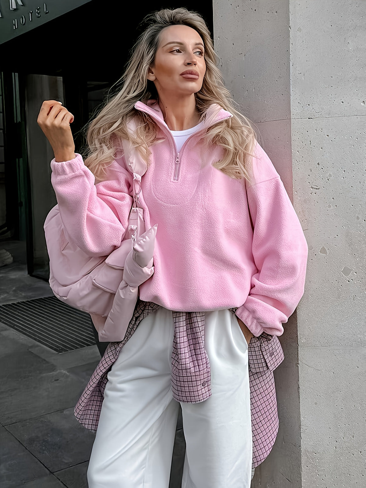 Women's Half-Zip Sweatshirt, Autumn/Winter Warm Stand Collar Top, Ladies' Long Sleeve Elegant Solid Color Lapel Sweatshirt, Comfortable Clothing for Home and Outings, Gavin - Pink Color