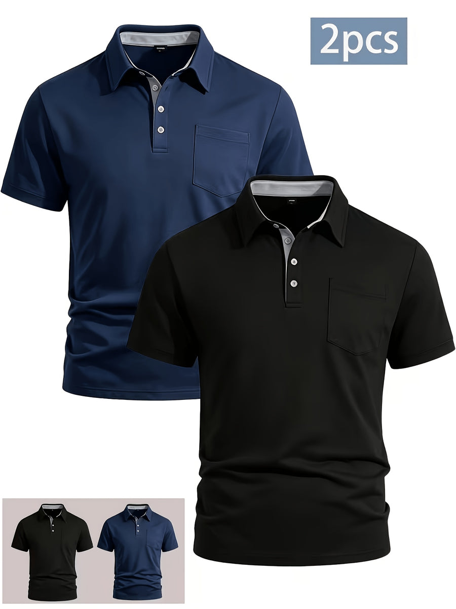 2pcs Set Men's Casual Solid Color Lapel Short-sleeve Polo Shirt with Casual Utility Pocket Design, Suitable for Business Casual Wear - Black And Navy Blue