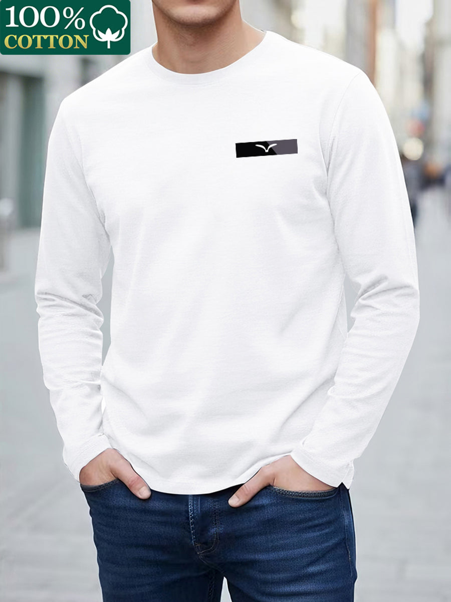 100% T-shirt, Men's Crew Neck Long Sleeve T-shirt, Trendy Seagull Graphic Print Design, Suitable for Casual Wear and Outdoor Activities - White