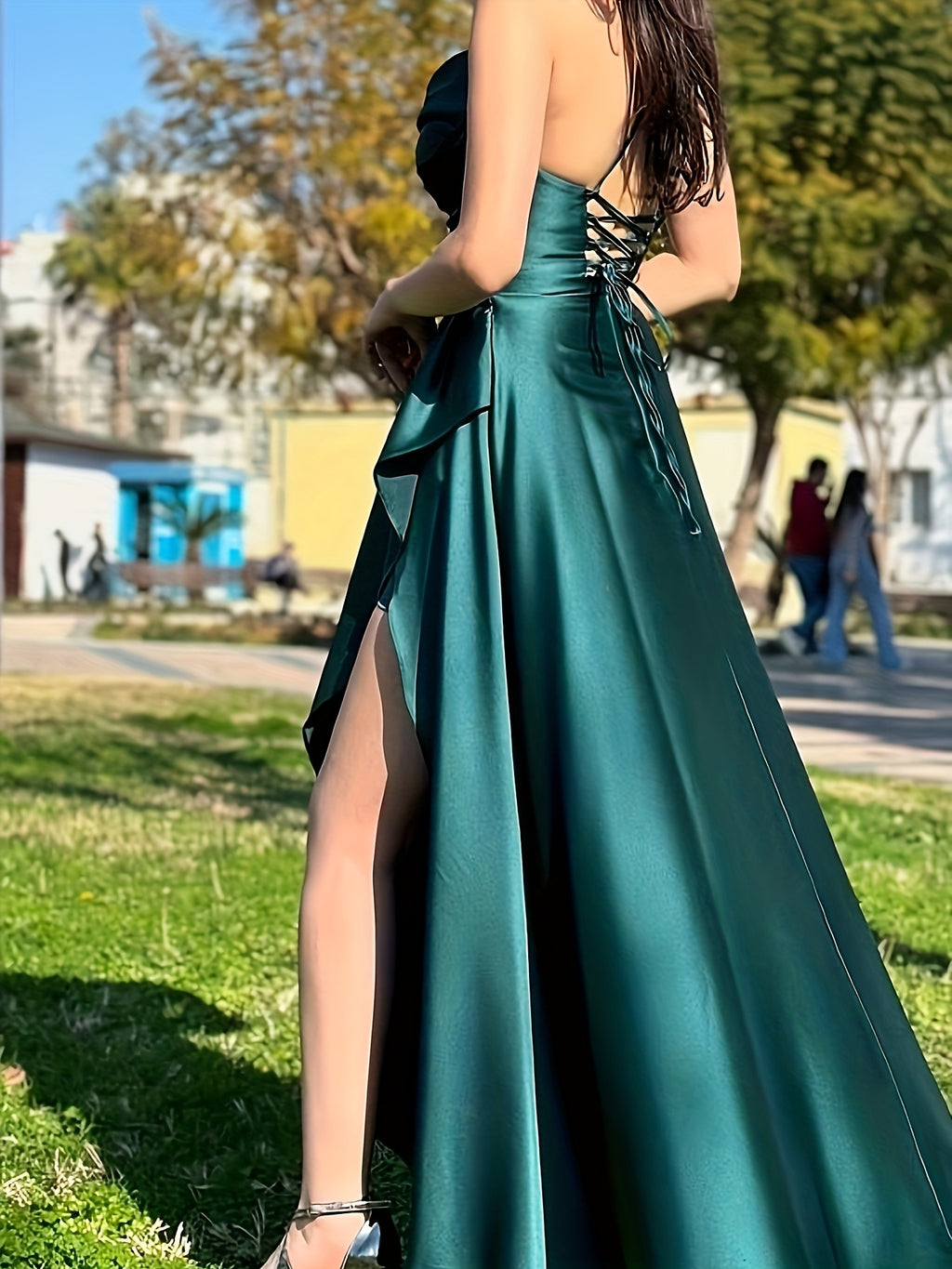 Elegant Women's Green Satin Spaghetti Strap Wrap Neckline Ruffle Hem Back Tie Slit Dress for Banquets, Parties, Weddings, and Bridesmaid Attire - Dark Green