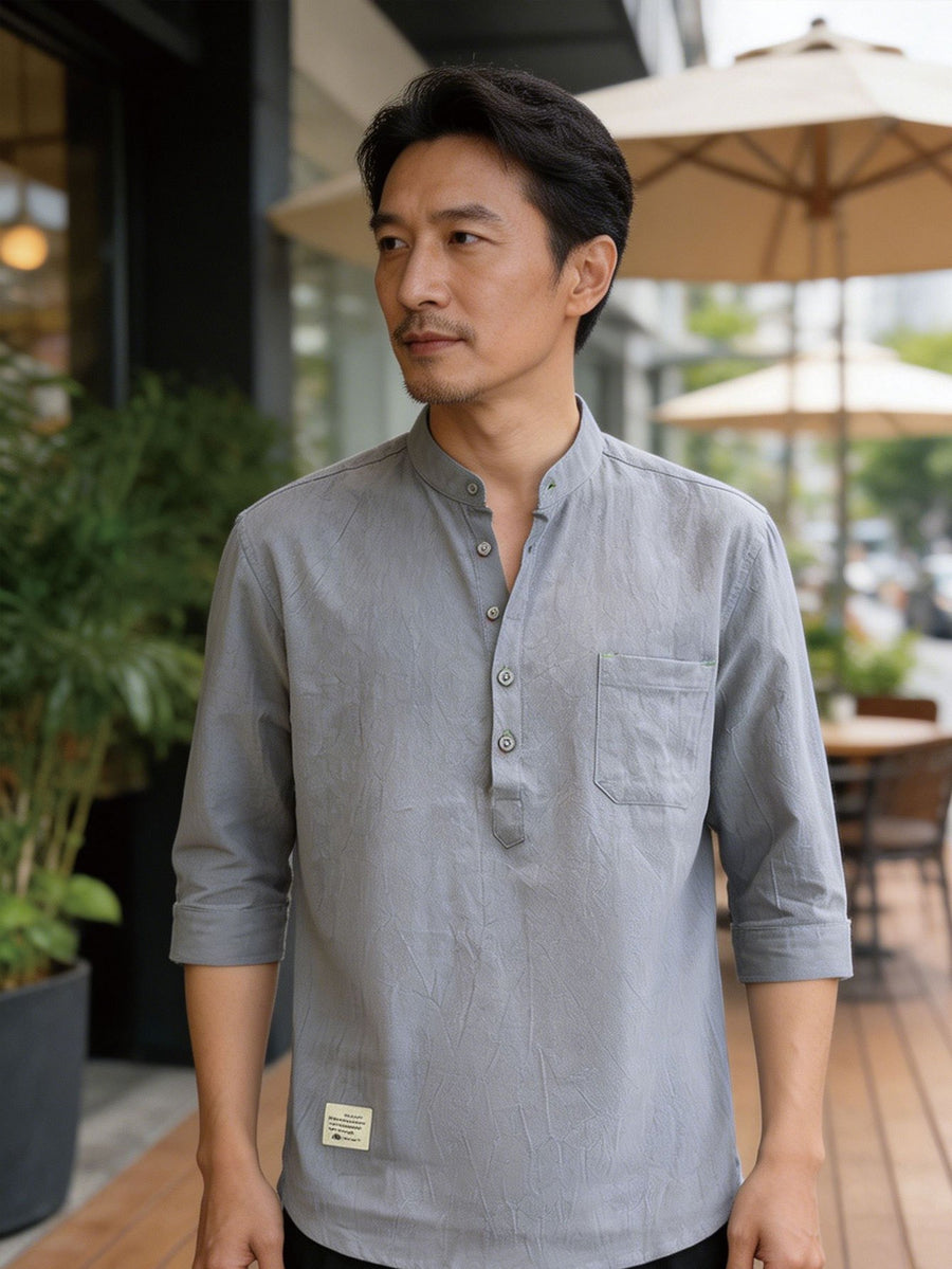 Vintage Henley Collar Half-Button Short Sleeve Shirt with Open Front Design, Side Pocket Detail, Suitable for Daily Commute, Outings, And Casual Business Wear, Easy Solid Color Pullover Casual Shirt. Thin Breathable Casual 3/4 Sleeve Top - Grey