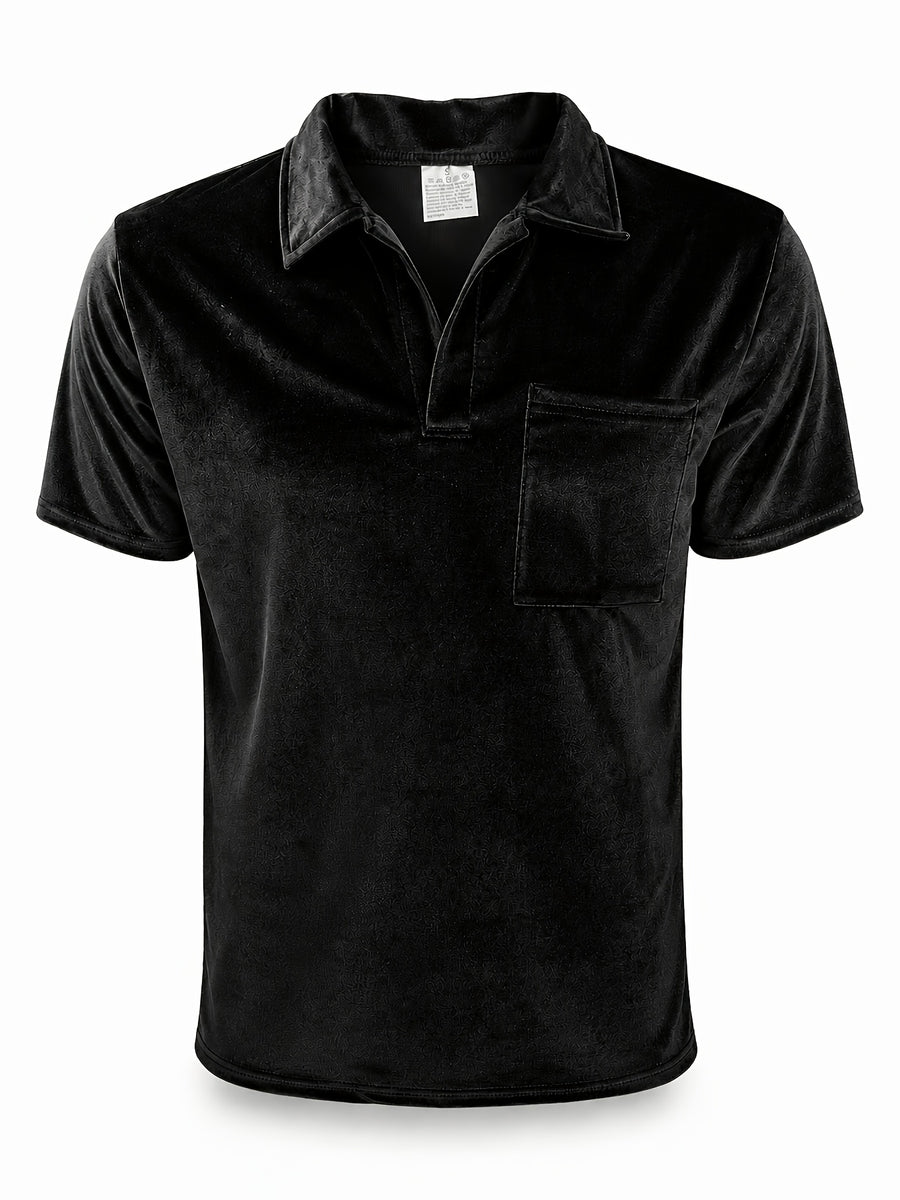 Men's Velvet Lapel Short-Sleeve Polo Shirt, American Relaxed Style, Soft, Skin-Friendly, Breathable, and Versatile, for Daily Commuting and Streetwear - Black