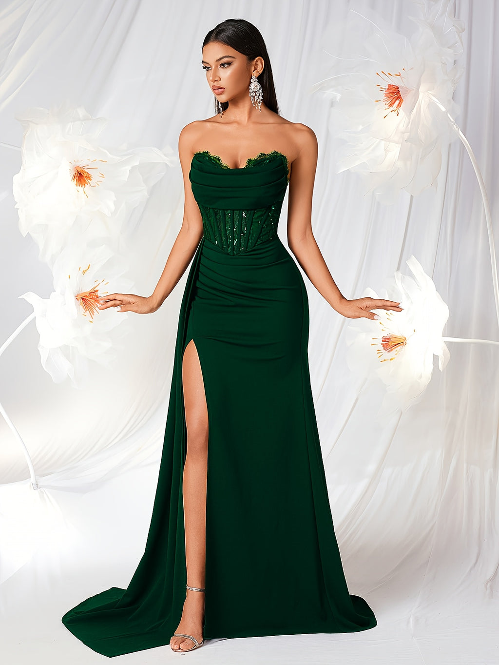 Tube Top with Small V-Neck, Mesh Panel, Sheer Long Ribbon, Slit, and Back Tie for Prom, Party, Formal Dress, Graduation Ball, Birthday Party, Evening Date, Back-to- Party, Wedding Guest, and Formal Dinner - Dark Green