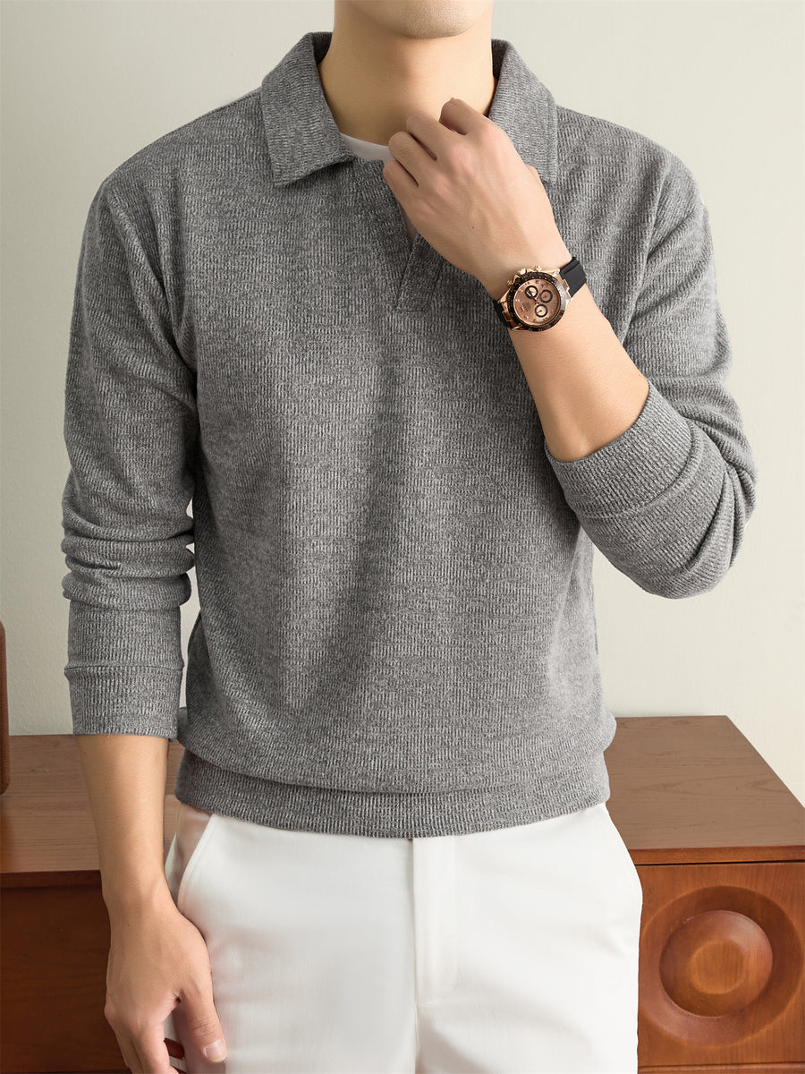 Autumn/Winter Knitted Solid Color Lapel Sweater, Basic Knit Pullover, Men's Fashion Long Sleeve Knitwear, All Sizes - 【Light Grey】