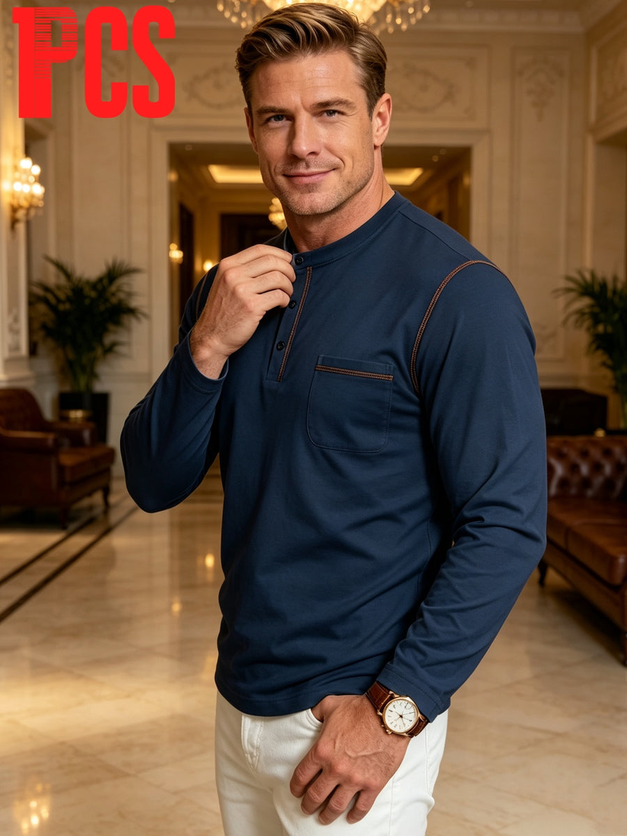 Men's Vintage Topstitch Henry Shirt Long Sleeve T-Shirt, Casual Versatile Light Business Crew Neck Half-Open Placket Pocket Top, Commuting Loose Fit Base Layer - Without Gift Box Packaging - Navy Color