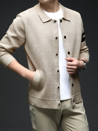 Star Dense Autumn-Winter Men's Striped Buttoned Open Front Long Sleeve Casual Turn Collar Knitted Cardigan, Mens Sleeveless Cardigans, Open Front Cardigan for Men, Cardigan, Men Plus Size Cardigan, Plus Size Mens Cardigan, Winter Wardrobe - Camel