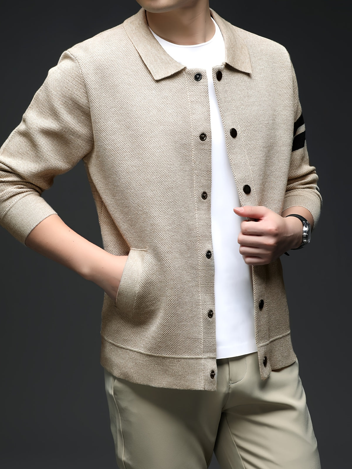 Star Dense Autumn-Winter Men's Striped Buttoned Open Front Long Sleeve Casual Turn Collar Knitted Cardigan, Mens Sleeveless Cardigans, Open Front Cardigan for Men, Cardigan, Men Plus Size Cardigan, Plus Size Mens Cardigan, Winter Wardrobe - Camel