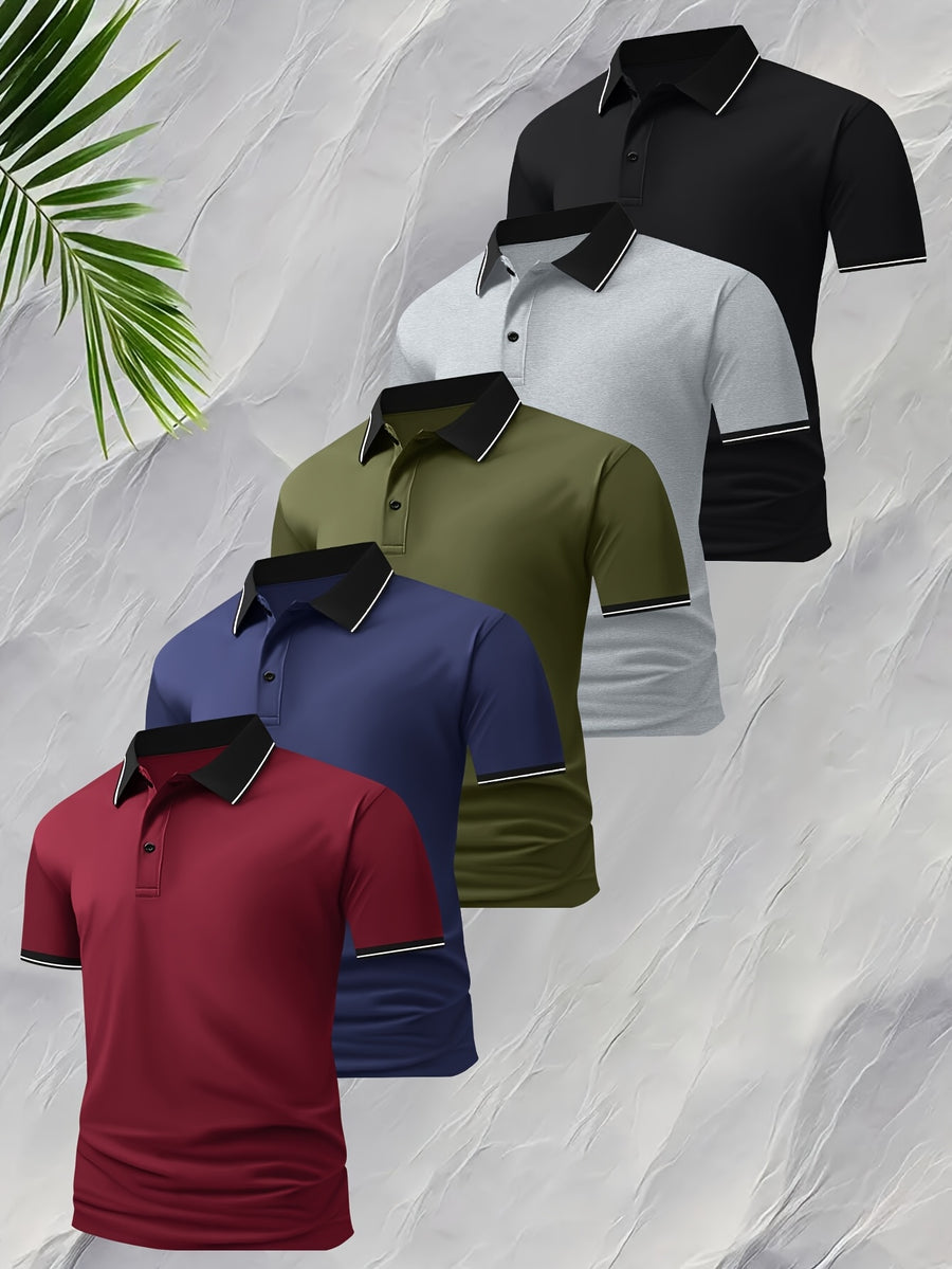 5pcs Summer Lapel Men's Shirts, Solid Color Plain Short Sleeve Shirts, Multi-Color Workwear, Casual Sportswear, Men's Executive Tops - Mixed Color 3