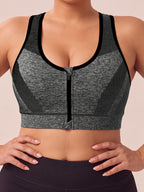 Plus Size Women'S Solid Color Wire-Free Front Zip Sports Bra, Gathering Fit Comfortable Breathable Casual Athletic Style, Suitable for Running, Fitness, Yoga, Outdoor Activities, And All Seasons - Black