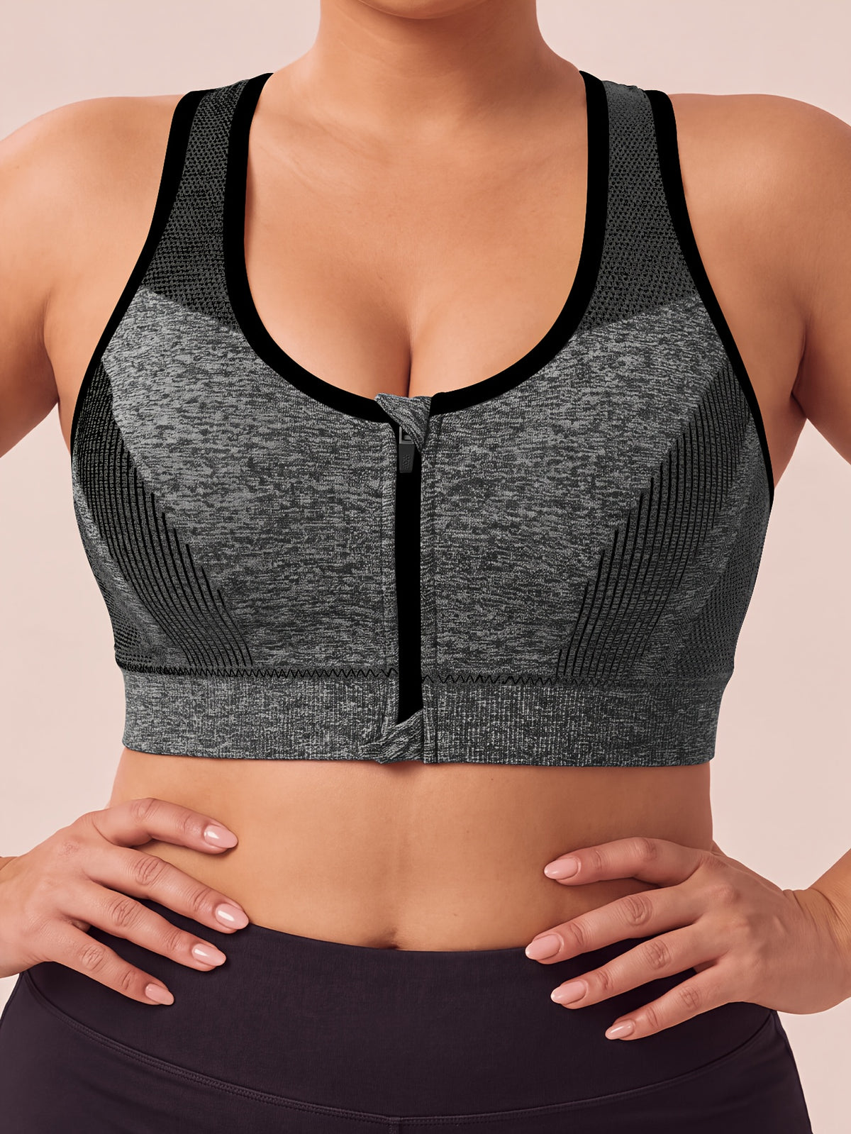 Plus Size Women'S Solid Color Wire-Free Front Zip Sports Bra, Gathering Fit Comfortable Breathable Casual Athletic Style, Suitable for Running, Fitness, Yoga, Outdoor Activities, And All Seasons - Black