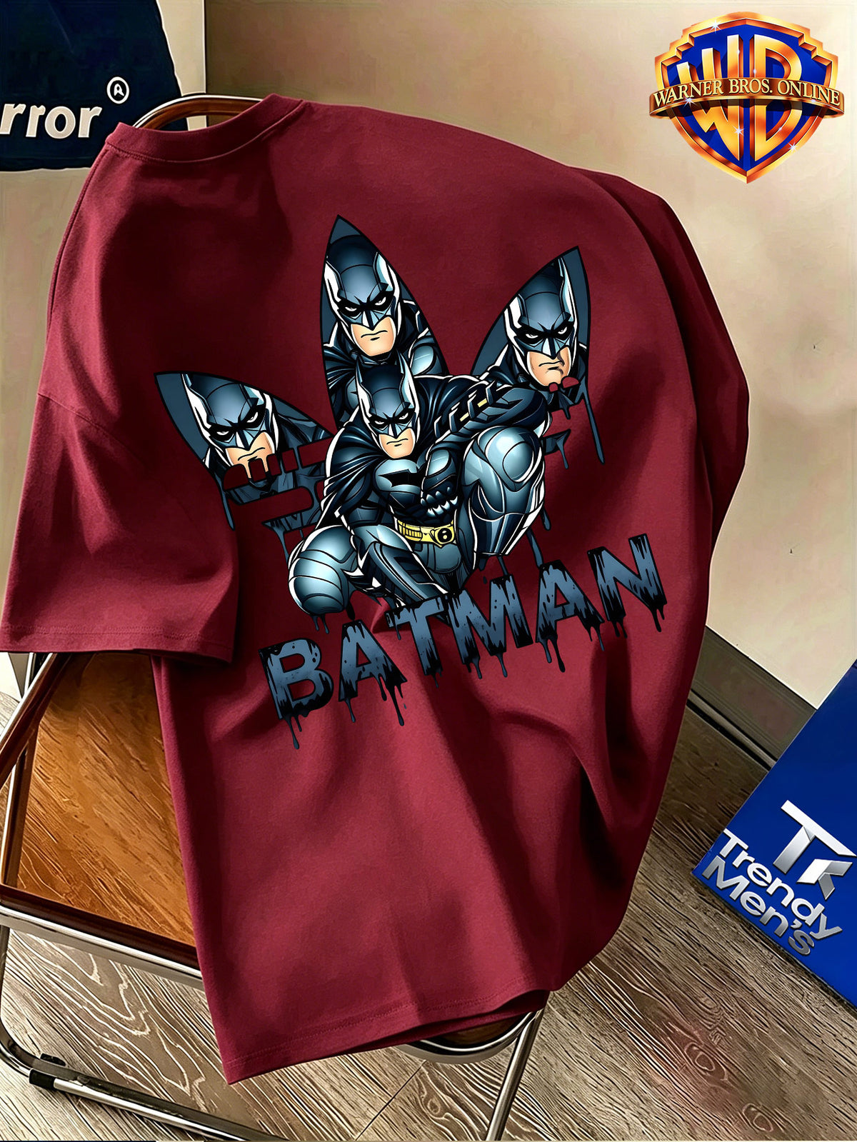 Warner Bros. Authentic Unisex 100% Short-Sleeve T-Shirt, American Street Party Illustration Short Sleeve, Hero-Themed Double Print, Exquisite Chest Graphic with Multi-Character Combination on the Back, Graffiti Drip Ink Lettering Details, Cool-Toned - Burgundy