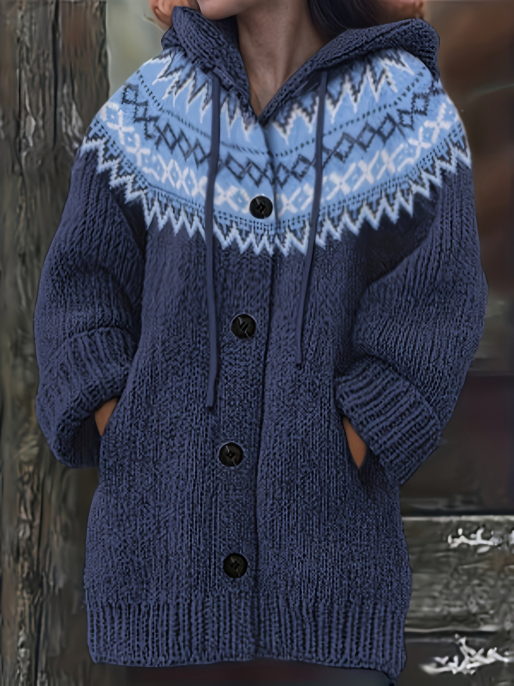 Fashionable Casual Long-Sleeve Hooded Cardigan for Women with Contrasting Colors And Pockets - Navy Color
