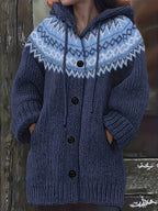 Fashionable Casual Long-Sleeve Hooded Cardigan for Women with Contrasting Colors And Pockets - Navy Color