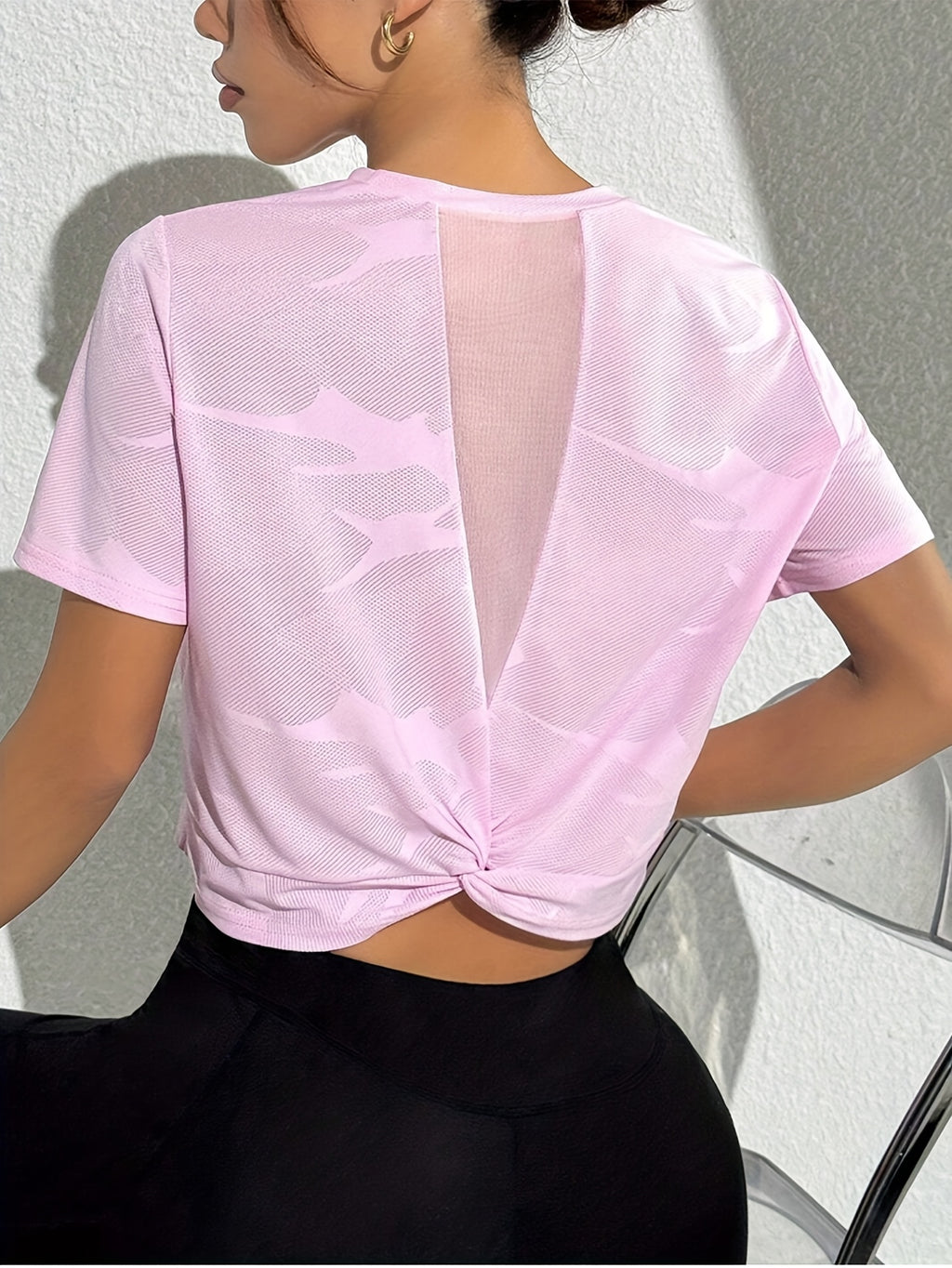 Women's Elegant Back Cut-Out Short Sleeve T-Shirt - Mesh Panel & Cross-Over Hem Design, Breathable Round Neck Top for, Casual Wear & Spring/Summer Outfits - Pink