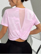 Women's Elegant Back Cut-Out Short Sleeve T-Shirt - Mesh Panel & Cross-Over Hem Design, Breathable Round Neck Top for, Casual Wear & Spring/Summer Outfits - Pink
