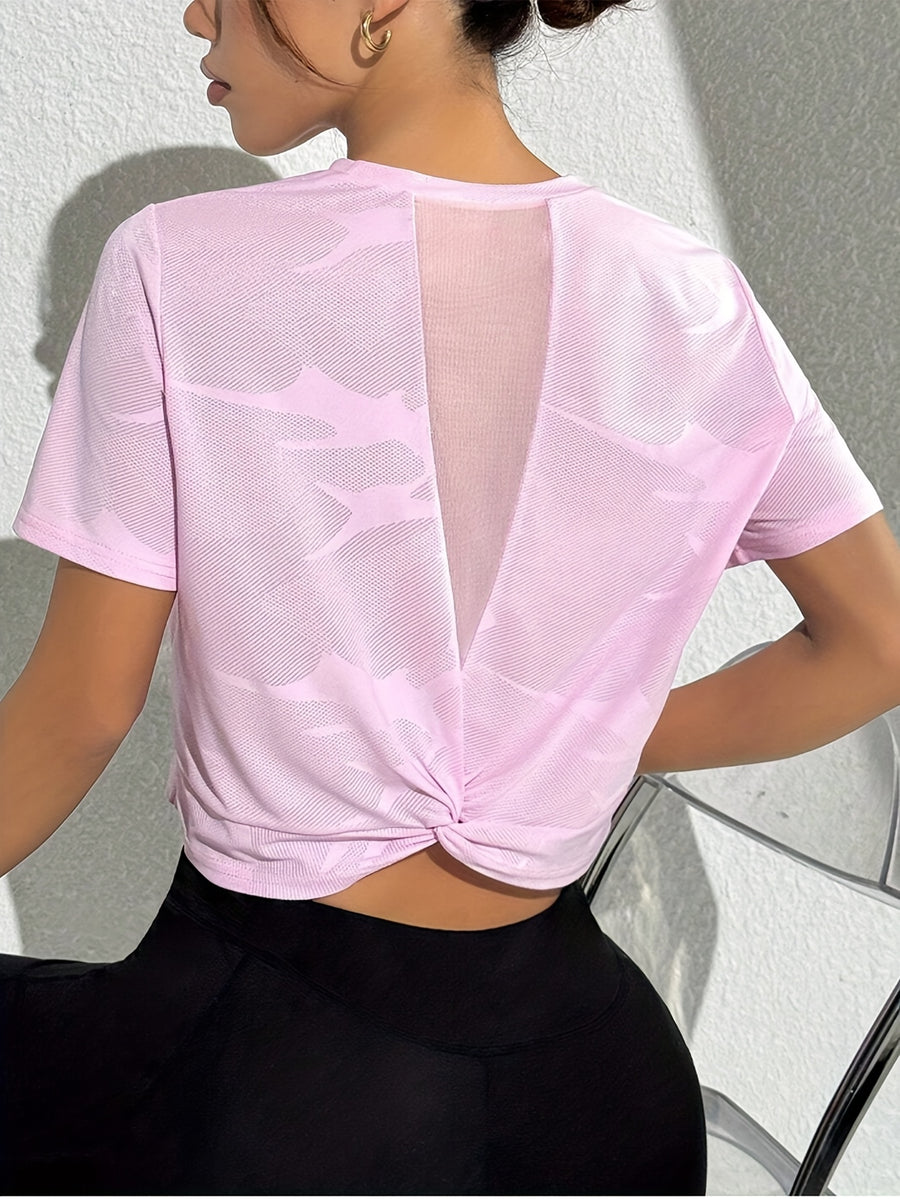 Women's Elegant Back Cut-Out Short Sleeve T-Shirt - Mesh Panel & Cross-Over Hem Design, Breathable Round Neck Top for, Casual Wear & Spring/Summer Outfits - Pink