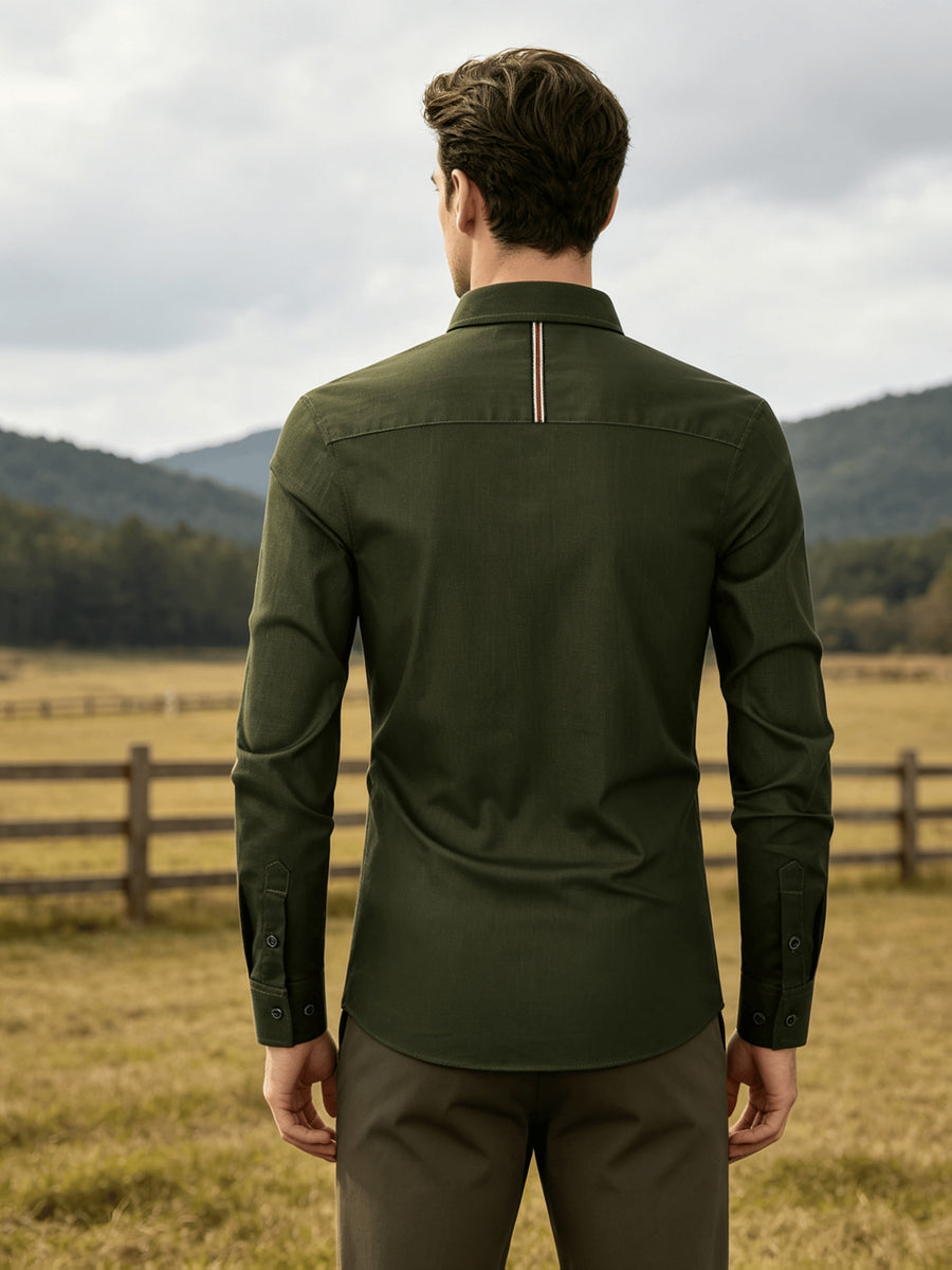 Men's Casual Long-Sleeve Shirt with Lapel and Faux Pocket Design, Slim Fit for a Slimming Look, Durable and Wrinkle-Resistant for Daily Outdoor Casual Wear, Business-Casual Solid Color Shirt - Military Green