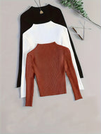 3pcs Set Stand Collar Ribbed Base Layer Stretch Plain Color Versatile Vintage - Mix color 5