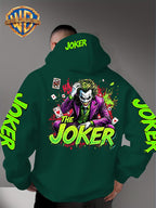 Official Warner Bros. Joker Comic-style Print Featuring Red and Green Ink-splatter Effects and "THE JOKER" Lettering. The Sleeves and Back of the Hood Are Adorned with Green "JOKER" Lettering. This Men's Trendy Printed Hooded Sweatshirt Features - Green