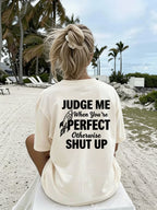 Women'S Crew Neck Double Sided Print Short Sleeve T-Shirt, Judge Me When You'Re Perfect Funny Slogan Rocket Graphic Front Back Tee, Loose Casual Basic Tops, Sassy Quote Printed Shirts for Daily Street Wear, Attitude Novelty Casual Outfit - Apricot