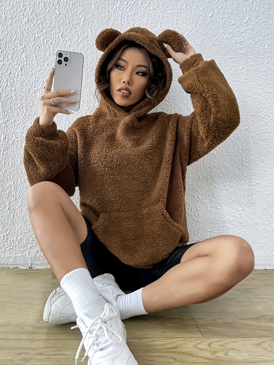 Bear Ear Pocket Plush Hoodie, Casual Long Sleeve Hooded Sweatshirt, Women'S Clothing - Khaki