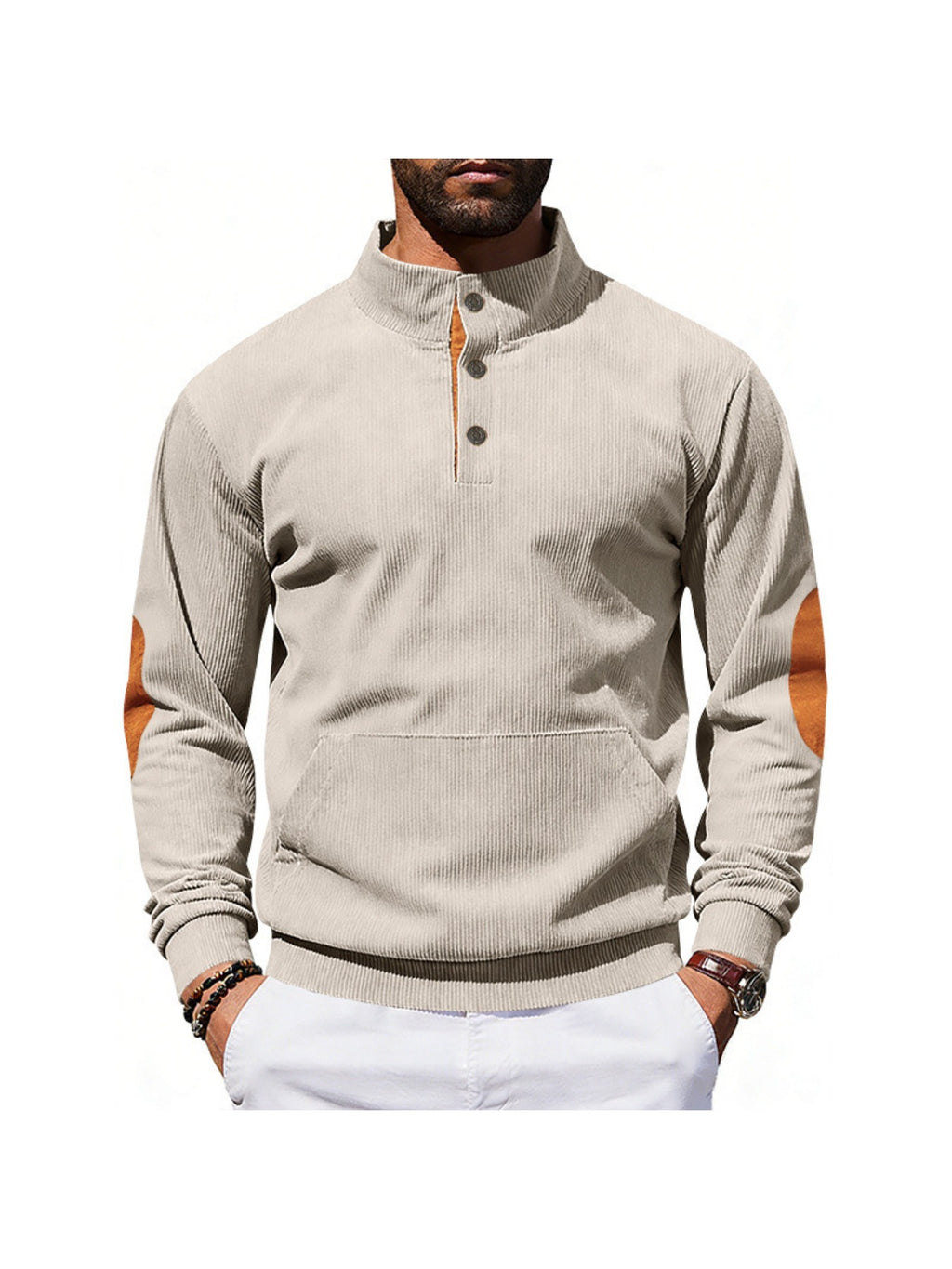 2pcs Men'S Corduroy Half-Button Stand Collar Long Sleeve Pullover Sweater, Contrast Color Button-Front Half-Open, Elbow Contrast Patchwork Decoration, Front Kangaroo Pocket, Ribbed Cuffs And Hem Retro Fashion Sweatshirt - xing+hei
