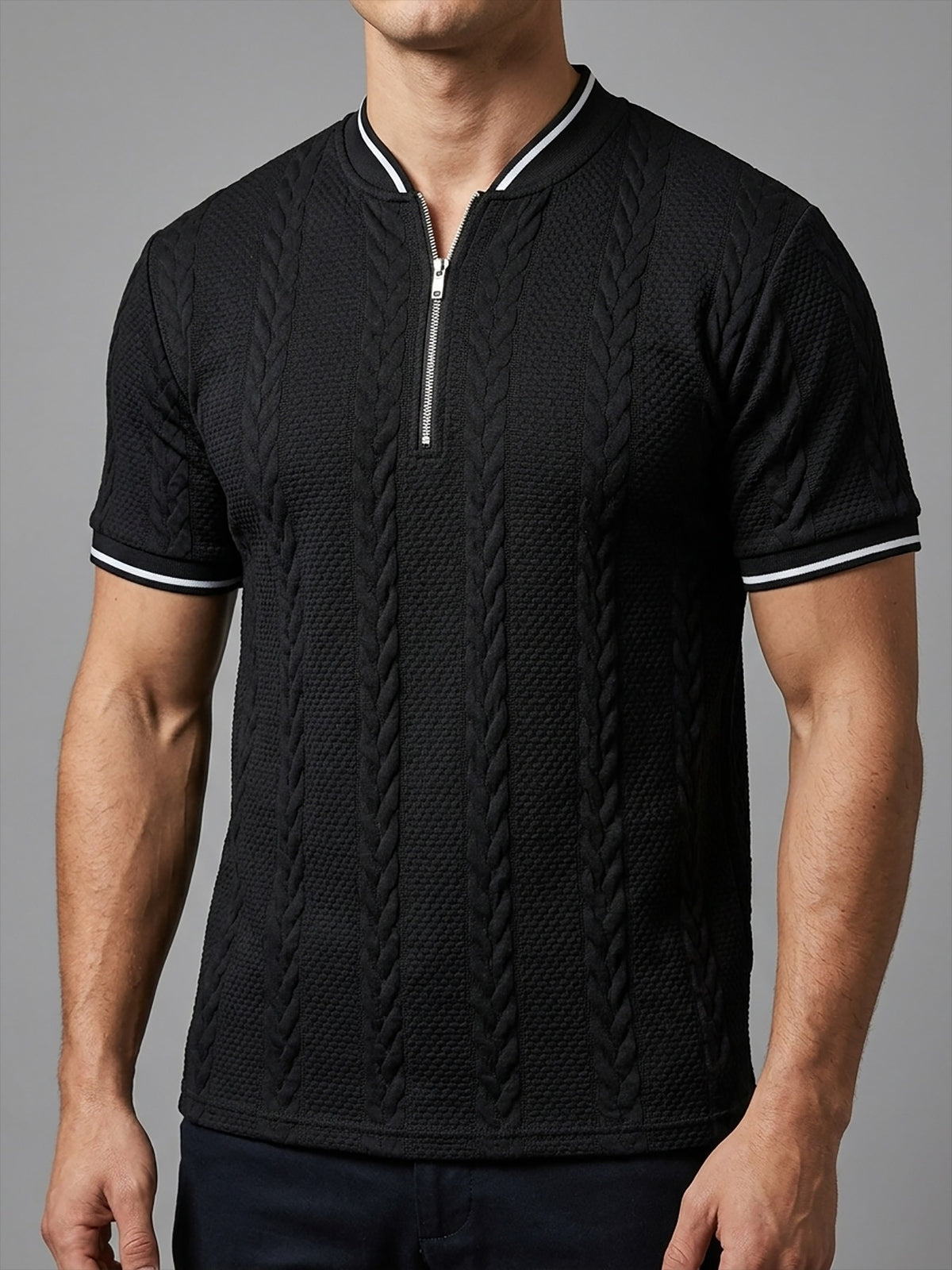 Men's Color-Block Baseball Collar Half-Zip Short-Sleeve T-Shirt, Three-Dimensional Cable Knit Texture Short Sleeve, New Summer Trendy Casual Half-Sleeve Jacquard Polo Shirt, Versatile Men's Top, Baseball Collar + Contrast Ribbed Cuffs for a Simple - Black