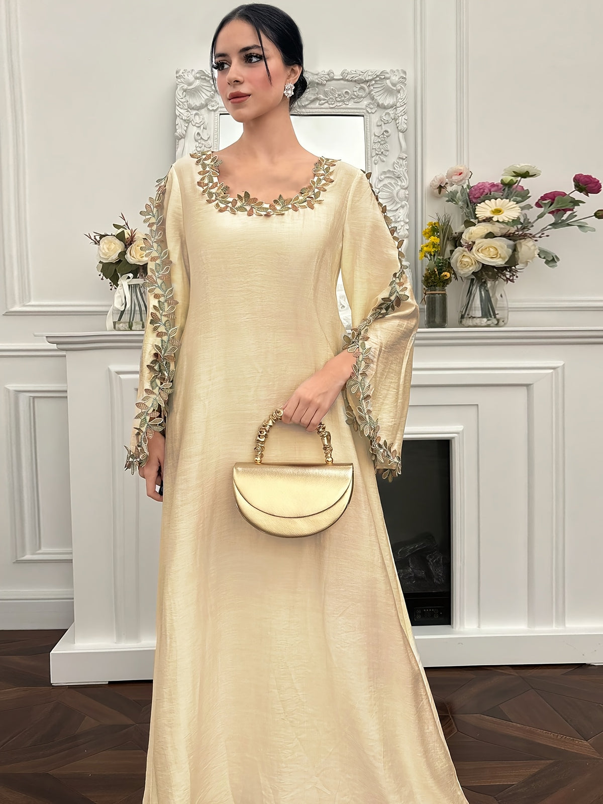 Elegant Women's Embroidered Patchwork Long-Sleeve Dress, Round Neck + Loose Fit Figure-Flattering Solid Color Maxi Dress, Suitable for Casual Vacations and Daily Wear in Spring and Summer - Apricot