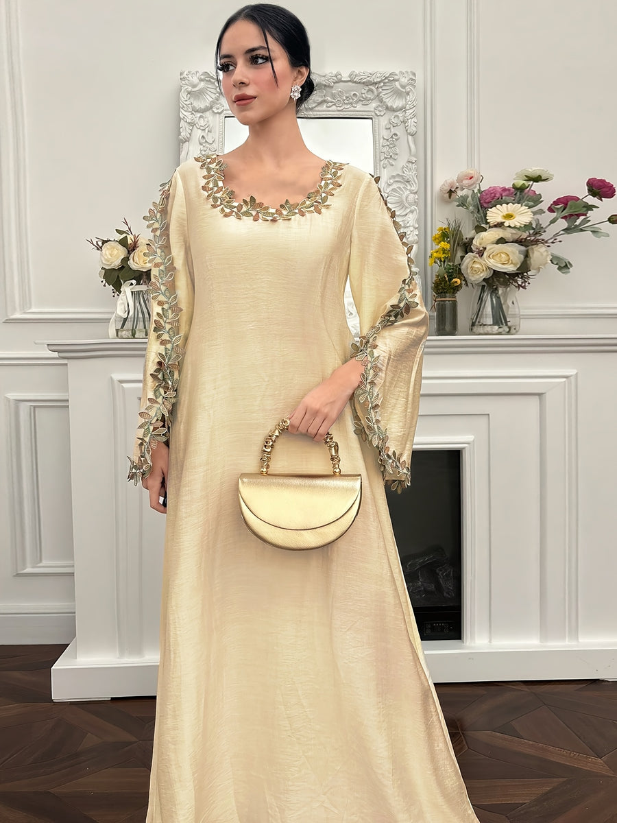 Elegant Women's Embroidered Patchwork Long-Sleeve Dress, Round Neck + Loose Fit Figure-Flattering Solid Color Maxi Dress, Suitable for Casual Vacations and Daily Wear in Spring and Summer - Apricot