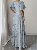 Elegant Everyday Casual Women's Chiffon Butterfly Print Batwing Sleeve Drawstring French-Style Sweet Summer Maxi Dress - Royal Blue