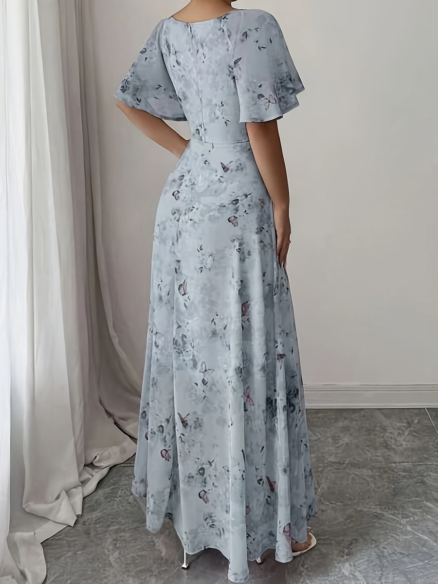 Elegant Everyday Casual Women's Chiffon Butterfly Print Batwing Sleeve Drawstring French-Style Sweet Summer Maxi Dress - Royal Blue