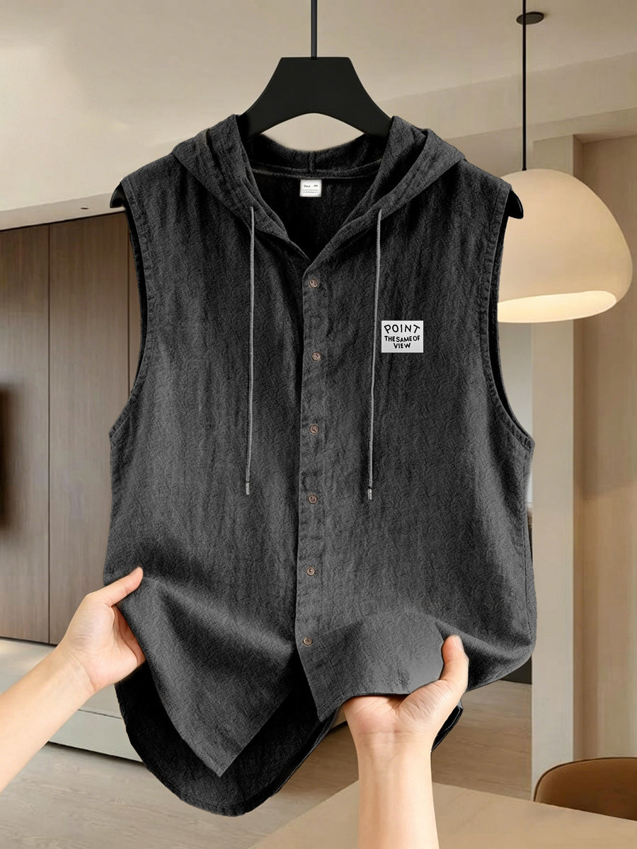 Pearson OBM Men's Sleeveless Hooded Shirt, Upgraded Textured Comfortable and Breathable Fabric Hooded Vest, Men's Linen Fashion Hoodie, Summer Top Casual and Lightweight with Button and Drawstring, Suitable for Outdoor Activities, Beach, and Coast - Black